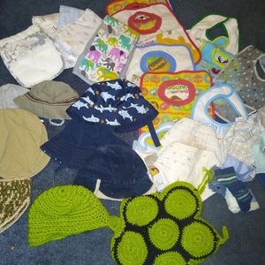 Baby accessories lot Bibs, burp clothes, hats